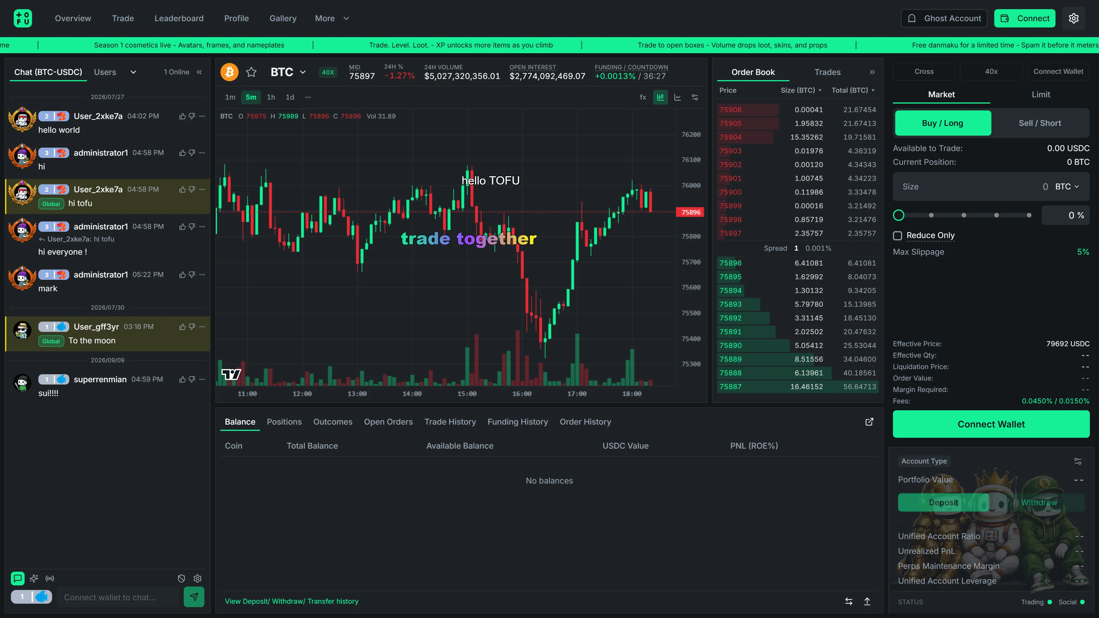 The TOFU trade page — chart, order book, chat, and order form on one screen
