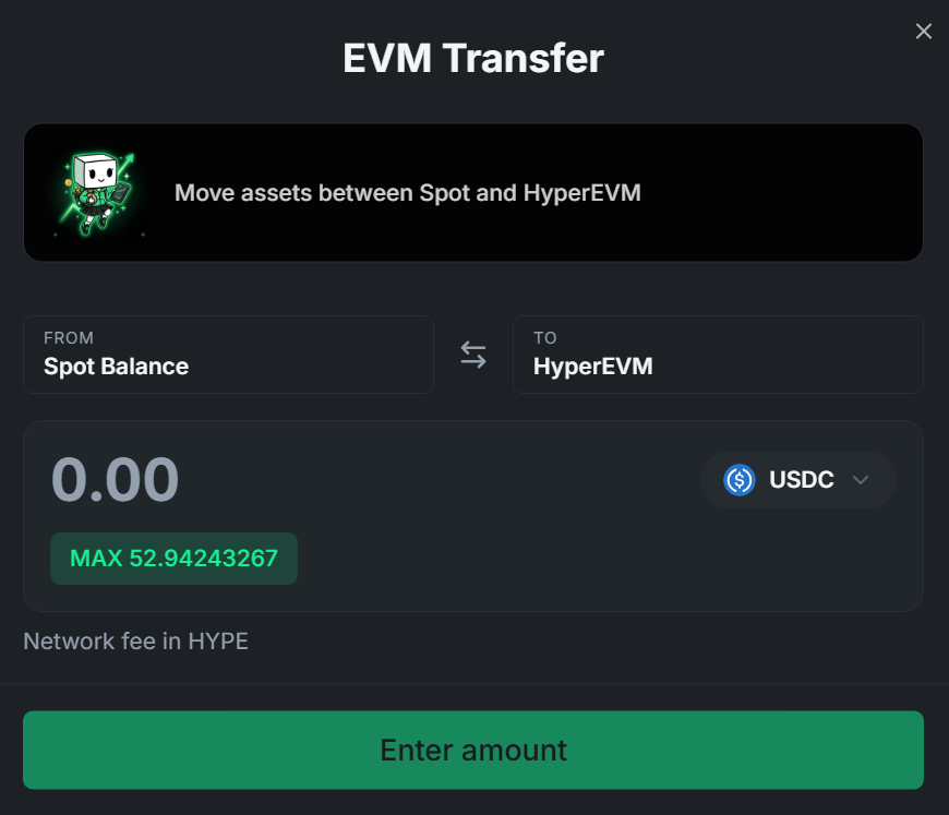 The EVM Transfer dialog — move assets between Spot and HyperEVM